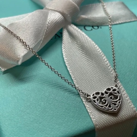 Tiffany & Co. Mini Enchant Filigree Heart Necklace Sterling Silver 16" - Picture 7 of 9